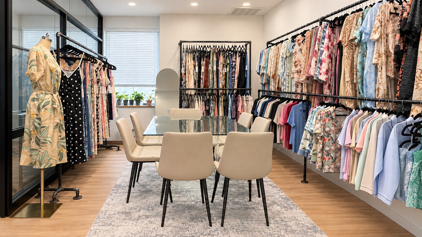 Soul Lune showroom with sleepwear samples, a botanical robe and a glass meeting table